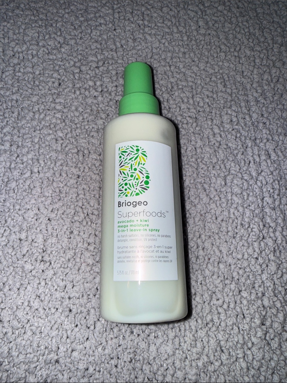 Briogeo Superfoods 3‑in‑1 Leave‑In Spray — Light Green Bottle